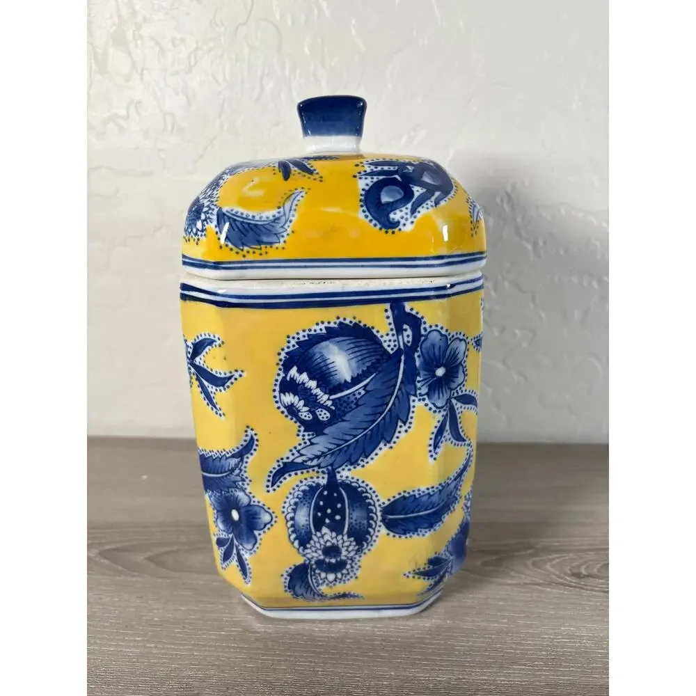 Chinese Chinoiserie-Inspired BLUE & YELLOW Rectangular Lidded Canister 10